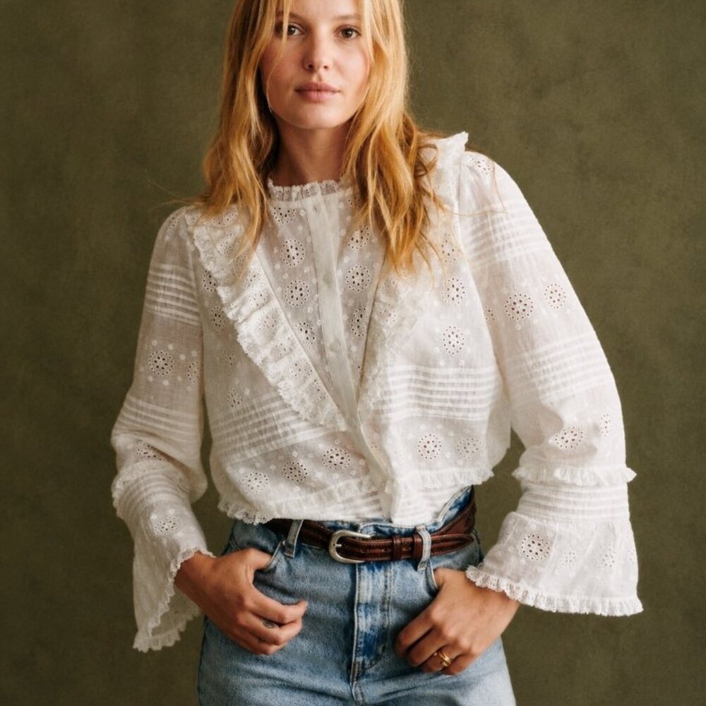 Sezane White Eyelet Ruffle Blouse